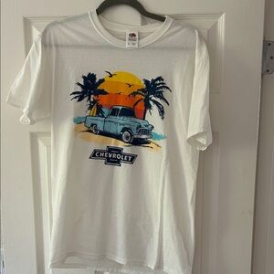 Fruit of the Loom White Tee with Blue and Orange Graphic